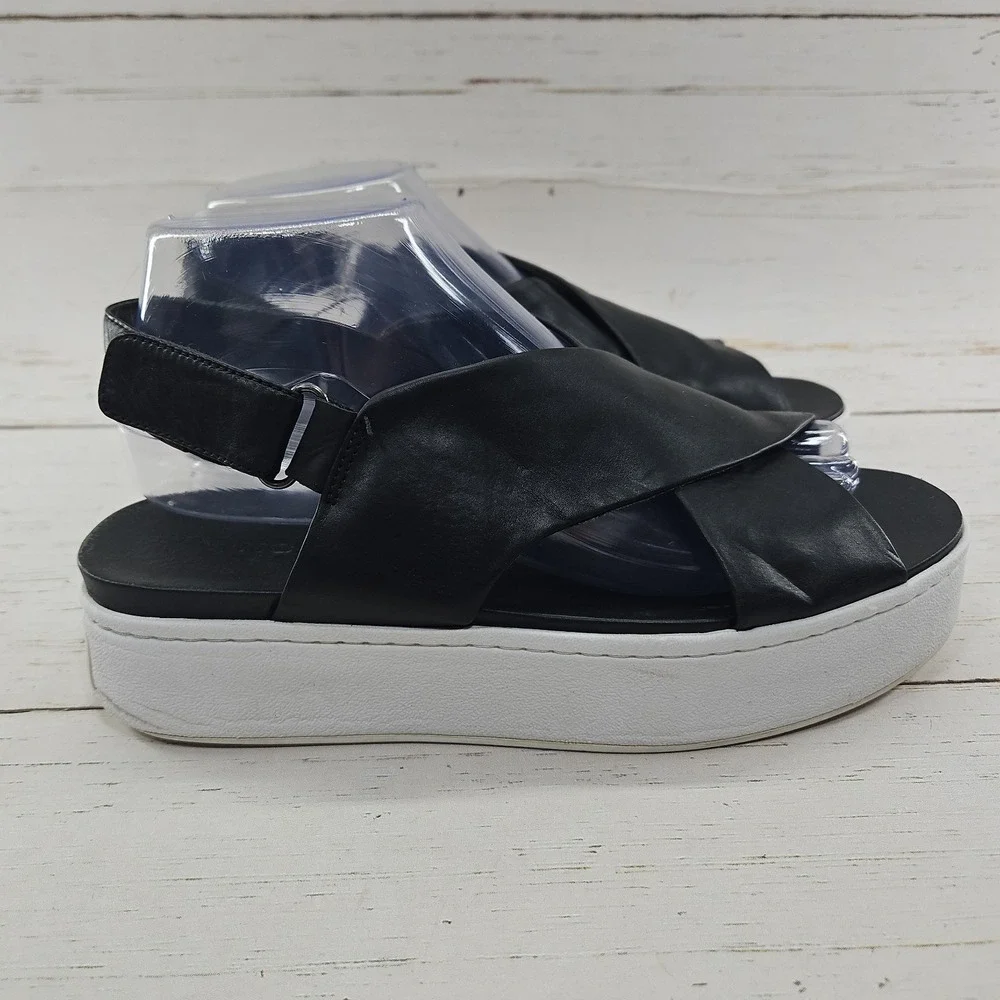 Vince Weslan Platform Sandals Shoes Womens 8 Black Leather Slingback Wedge Cross